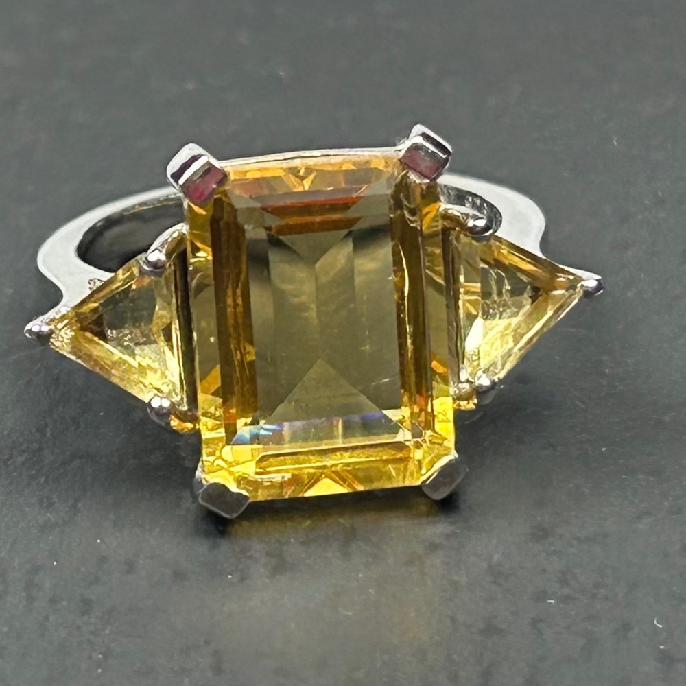 Sterling silver large Citrine with side trillions ring
